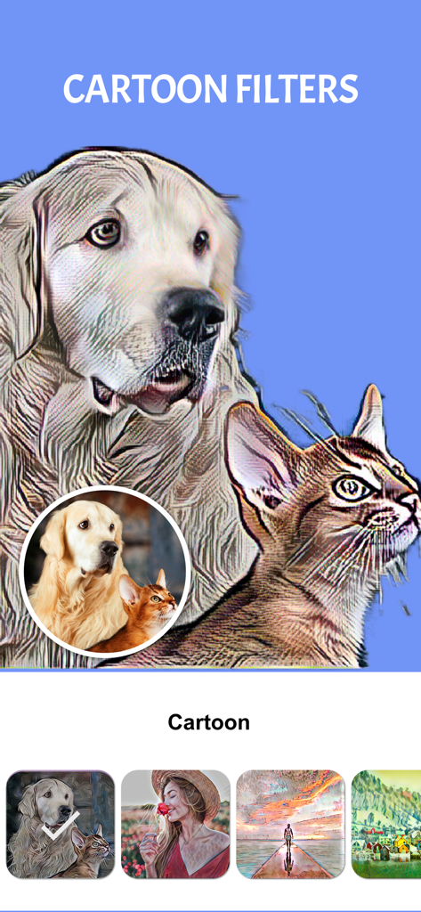 Cartoon face maker：Photo Art - カートゥーンフォトフィルターを使用してデジタルアートに変換されたゴールデンレトリバーと猫