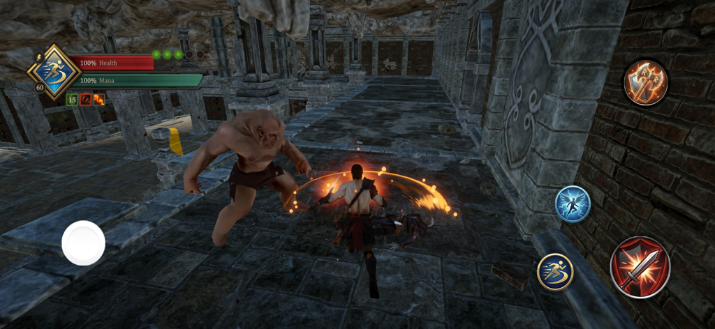 God of Warrior - A warrior engaging in hack and slash combat against a giant monster in a stone dungeon.