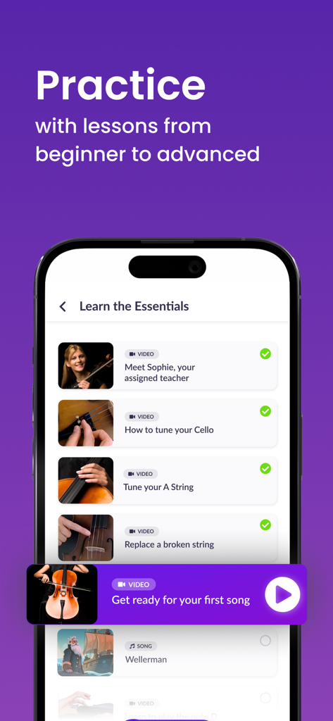 Mobile app screen showing essential cello video lessons for beginners and advanced players