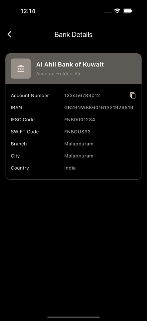 Switz Gold - Uma captura de tela da tela de detalhes bancários no aplicativo Switz Gold exibindo informações da conta e códigos bancários.