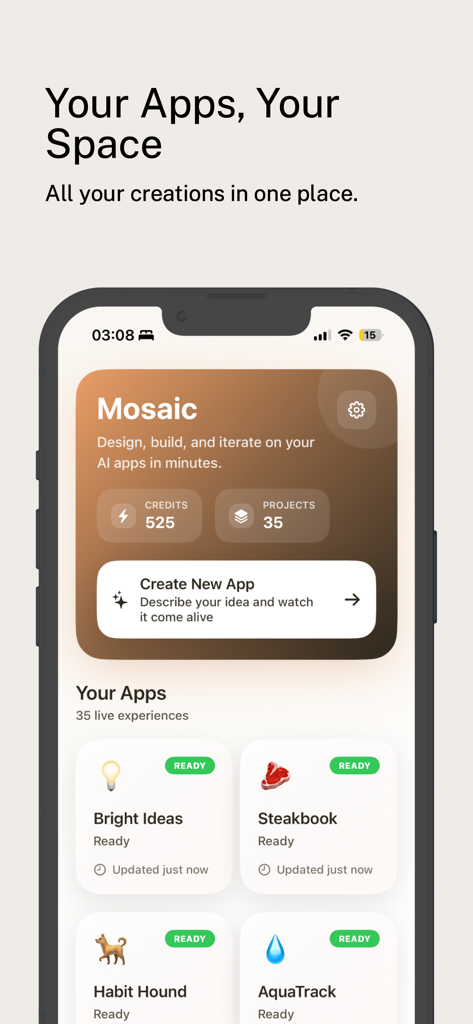 Mosaic AI - AI App Builder - Panel del constructor de apps Mosaic AI mostrando una lista de aplicaciones móviles creadas como Bright Ideas y Habit Hound.
