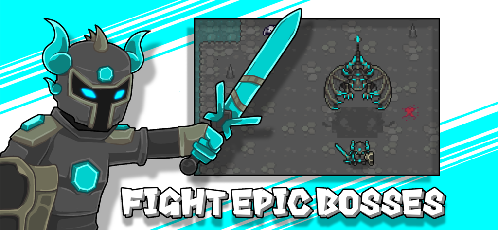 Curse of Aros - Un personaje con armadura oscura sosteniendo una espada azul brillante junto a una pantalla de juego que muestra una pelea de jefe de arte de píxeles en Curse of Aros