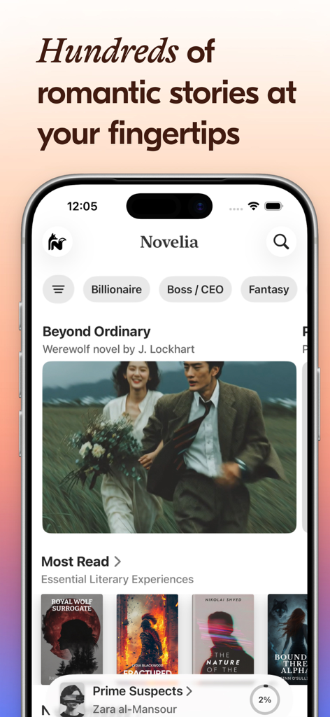 Novelia - Read Original Novels - Screenshot of Novelia app featuring romantic and fantasy novel collections with categories like Billionaire and CEO