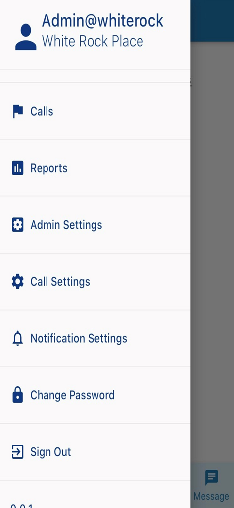 Vigil Mobile - Side navigation menu of Vigil Mobile app with links to calls, reports, and settings.