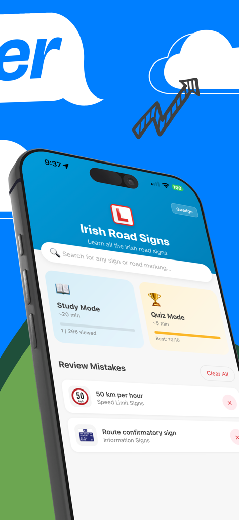 The home screen of the Irish Road Signs and Markings app showing study and quiz modes