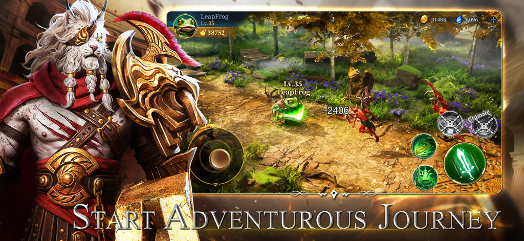 Ever Legion - A white lion warrior in golden armor next to a 3D forest battle scene in Ever Legion