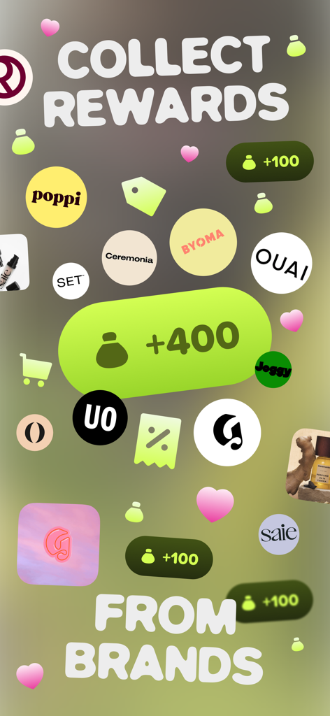 Graphic display showing reward points and popular brand logos like Poppi Glossier and Byoma within the TYB app interface
