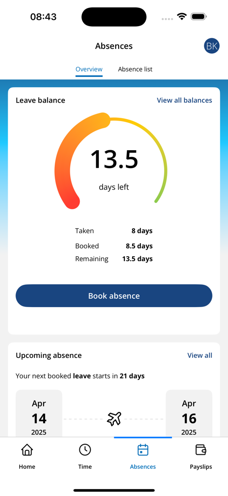 iTrent Mobile app dashboard showing leave balance and upcoming absences