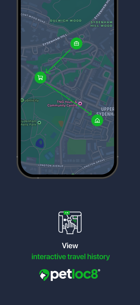 Petloc8 - Petloc8 App-Oberfläche, die die interaktive Reiseroute mit den Bewegungen eines Haustieres auf einer Stadtkarte anzeigt