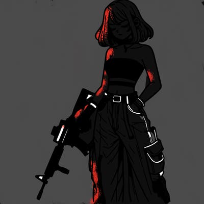 a dangerous girlcrop top and baggy jeans with a rifle in her hand