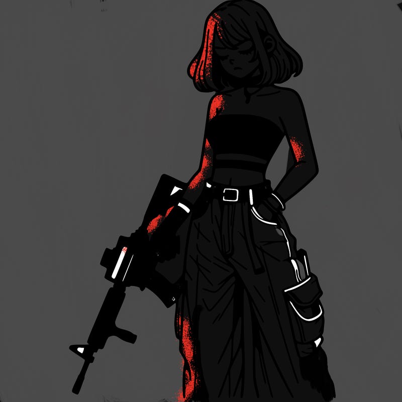 a dangerous girlcrop top and baggy jeans with a rifle in her hand