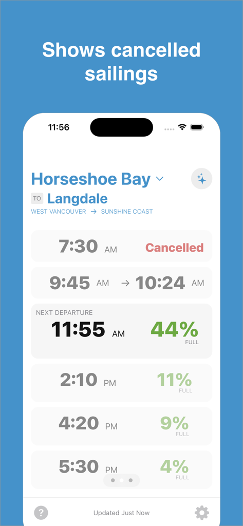 Screenshot of the BC Ferry Times app showing a schedule from Horseshoe Bay to Langdale with a cancelled sailing notification