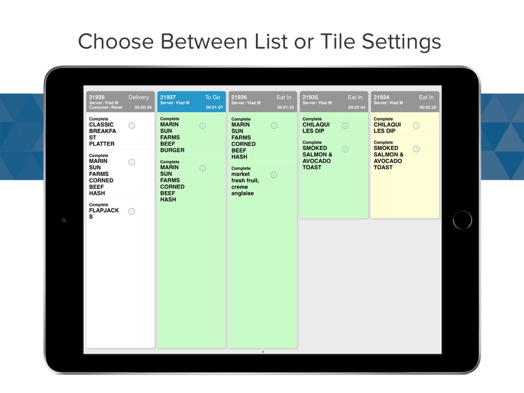 Revel KDS - 2.79 - Digital kitchen display system interface on an iPad showing active food orders and preparation times