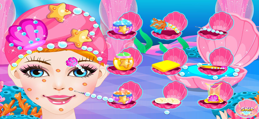Mermaid Games, Dressing & Hair - A mermaid character receiving a spa facial treatment in an underwater beauty salon