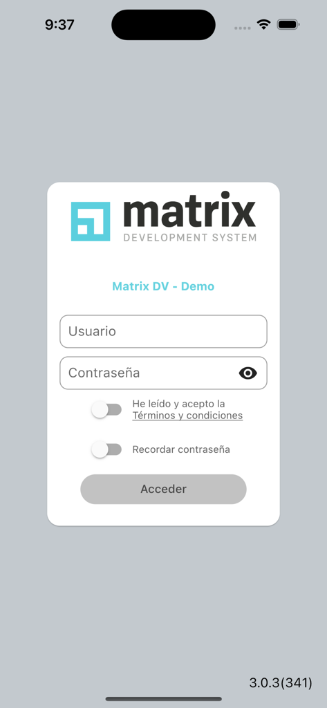 Connect Matrix - Login screen for the Connect Matrix enterprise document management app showing username and password fields