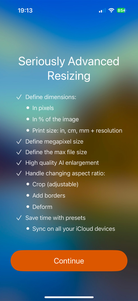 Une liste de fonctionnalités avancées de redimensionnement d'images dans l'application iSize, y compris l'agrandissement par IA et les contrôles de dimensions.