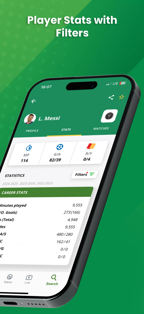 Scouterアプリのサッカー選手のキャリア統計とパフォーマンスフィルター