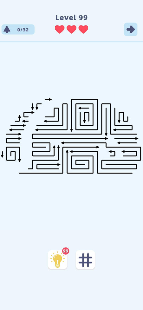 Arrow Escape - Tap Puzzle - Level 99 of Arrow Escape showing a minimalist brain shaped arrow puzzle