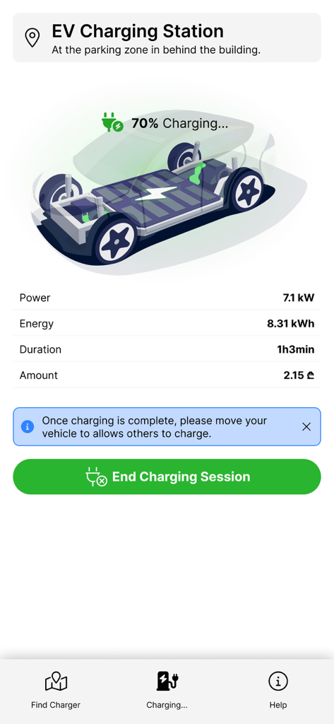 EV Power Georgia app screen showing an active electric vehicle charging session with real-time energy and duration stats