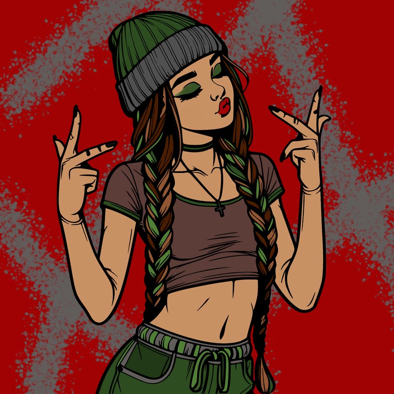 realistic teenage girl with braids and a beanie and crop top doing 🫶🏼
