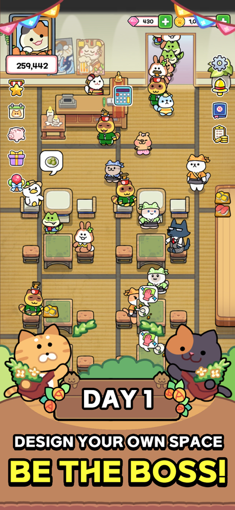 Catstaurant : Cat Chefs - 아늑한 레스토랑에서 귀여운 동물 손님에게 서빙하는 고양이 셰프를 보여주는 캣스타우란트의 게임 플레이.