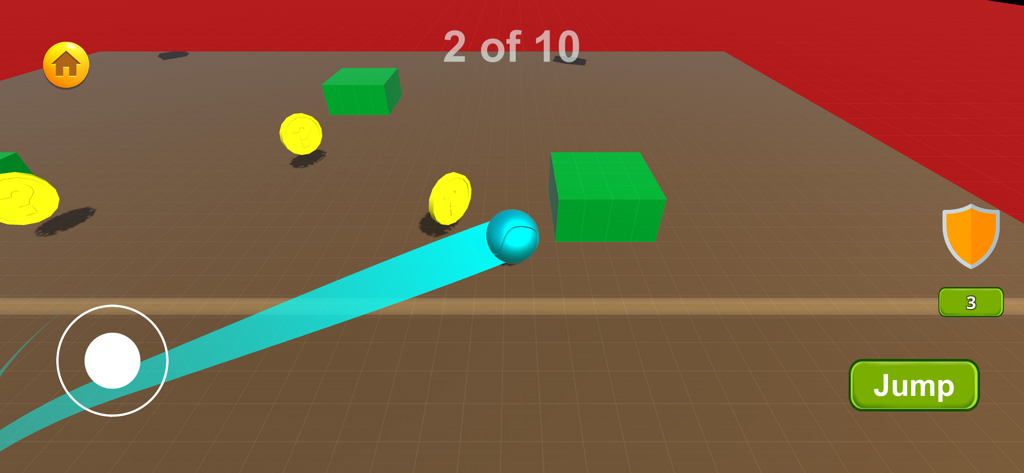Mass Bounce Dollen - A cyan ball moves across a platform to collect yellow coins in Mass Bounce Dollen