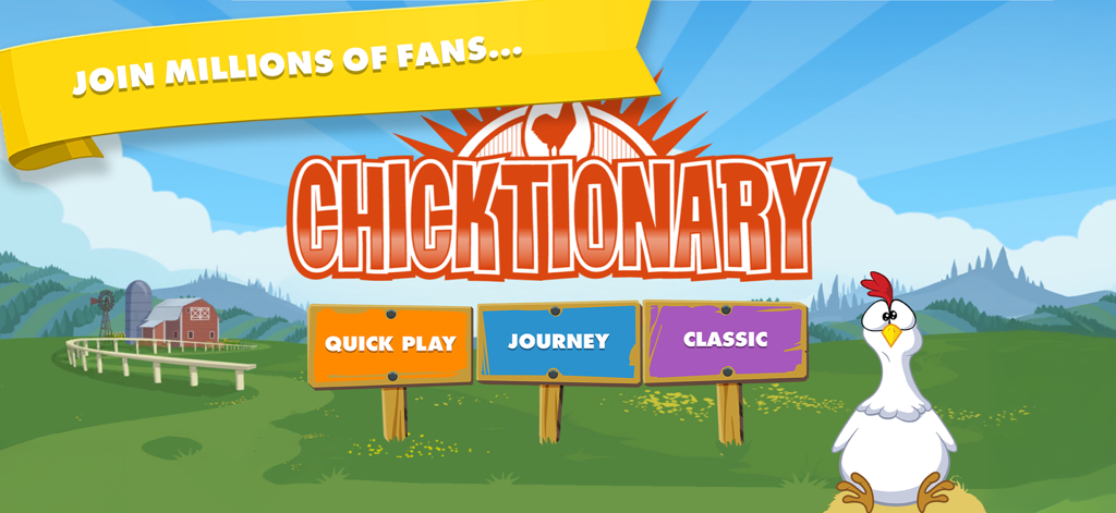 Main menu screen of the Chicktionary word game showing options for Quick Play, Journey, and Classic modes with a cartoon chicken and farm background.