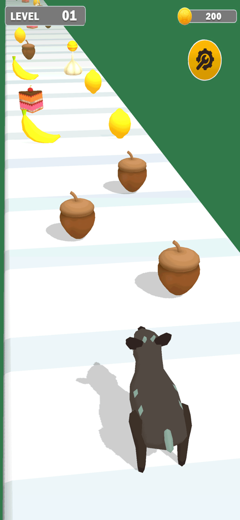 Animal Run Race Running Games - A small dark animal running on a striped path collecting food items like bananas and acorns in a 3D endless runner game.