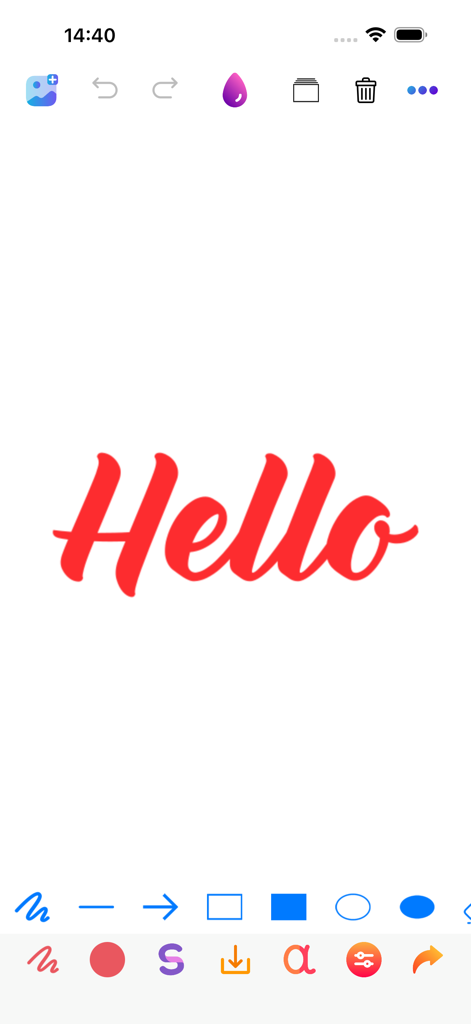Draw Editor - Drawing On Pics - Interface de l'application Draw Editor montrant le mot Hello en écriture script rouge sur fond blanc avec des outils de dessin