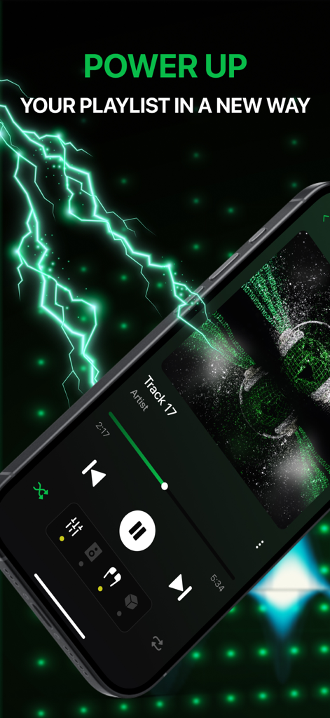 Music Equalizer - Tuner Boost - Una pantalla de smartphone que muestra la interfaz de la aplicación Music Equalizer con un efecto de rayo verde y el texto 'Power Up Your Playlist'.