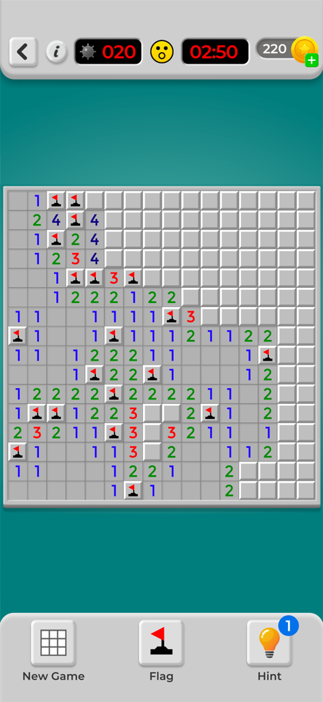 모바일 화면에 깃발과 번호가 매겨진 타일이 있는 클래식 Minesweeper 논리 퍼즐 보드