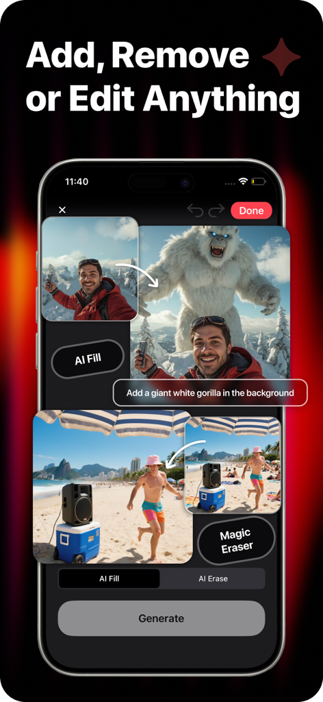 Interface de l'application Playground AI présentant les fonctionnalités IA Fill et Magic Eraser pour ajouter et supprimer des objets dans les photos.