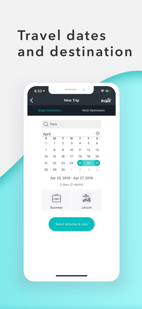Packr Travel Packing List - Interface of Packr app showing travel dates and destination selection for a new trip