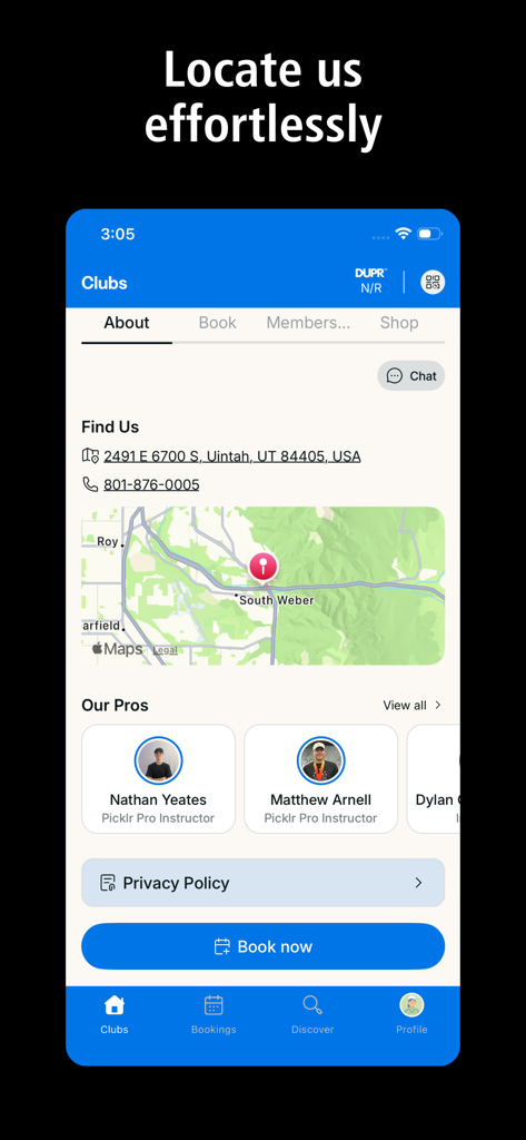 A screenshot of The Picklr app showing the club location details including a map, address, phone number, and professional pickleball instructors.