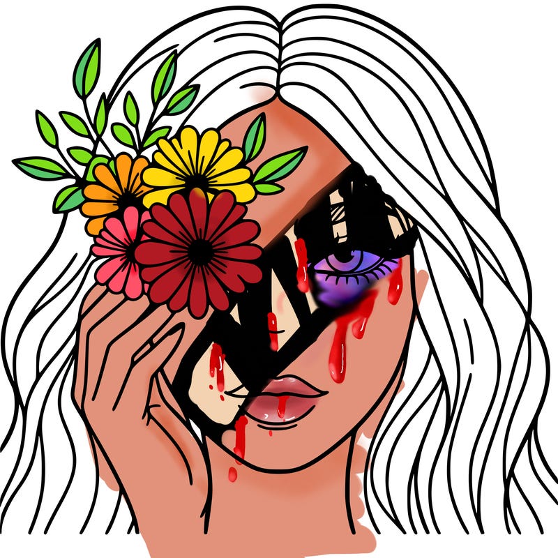 woman with flowers over her left eye
