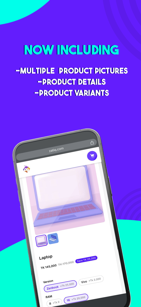 Zatiq Easy - eCommerce Builder - Zatiq Easy app interface showing product variants and details on a mobile smartphone screen