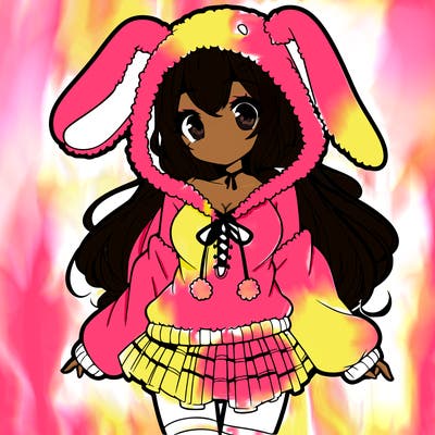 pretty anime girl wearing a fluffy hoodie with bunny ears on the hood and a skirt