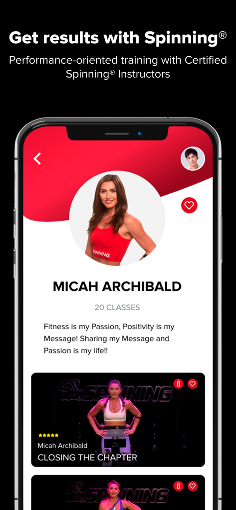 Spinning Indoor Cycling - Página de perfil da instrutora certificada Micah Archibald no aplicativo Spinning Indoor Cycling mostrando seu currículo e aulas