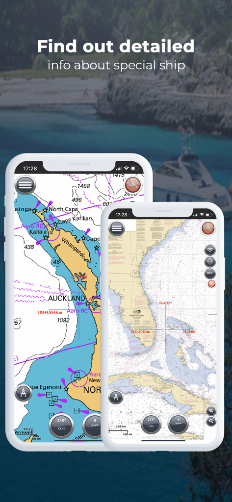 Oberfläche der Marine Navigation App mit detaillierten Offline-Seekarten und Schiffsinformationen auf zwei Smartphones
