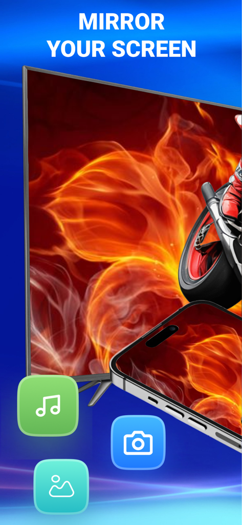 AllShare Cast for TV - Wireless screen mirroring from an iPhone to a smart TV showing a fiery motorcycle image