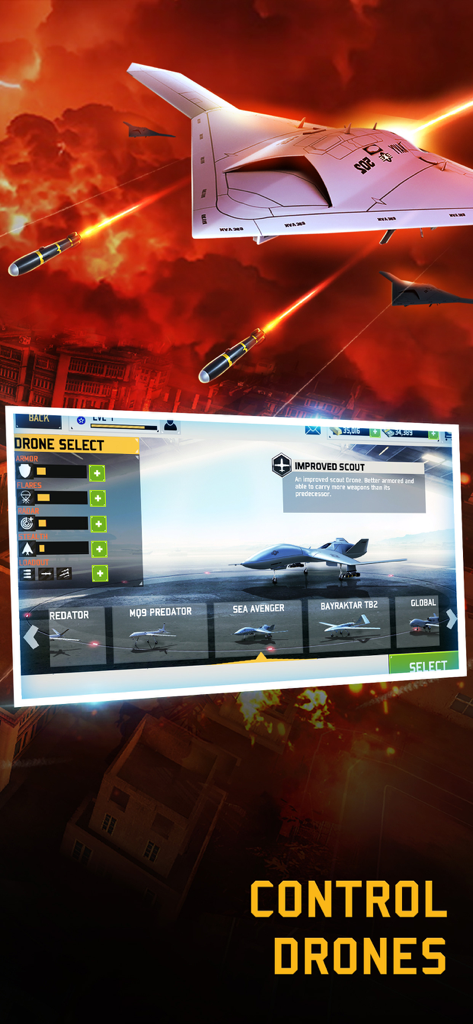 Drone : Shadow Strike 3 - The drone selection menu in Drone Shadow Strike 3 showing an Improved Scout drone and other military aircraft options.