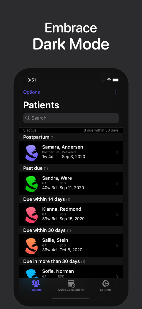 OB Tracker & Pregnancy Wheel - The OB Tracker app patient list interface featuring dark mode with categorized patient tracking sections