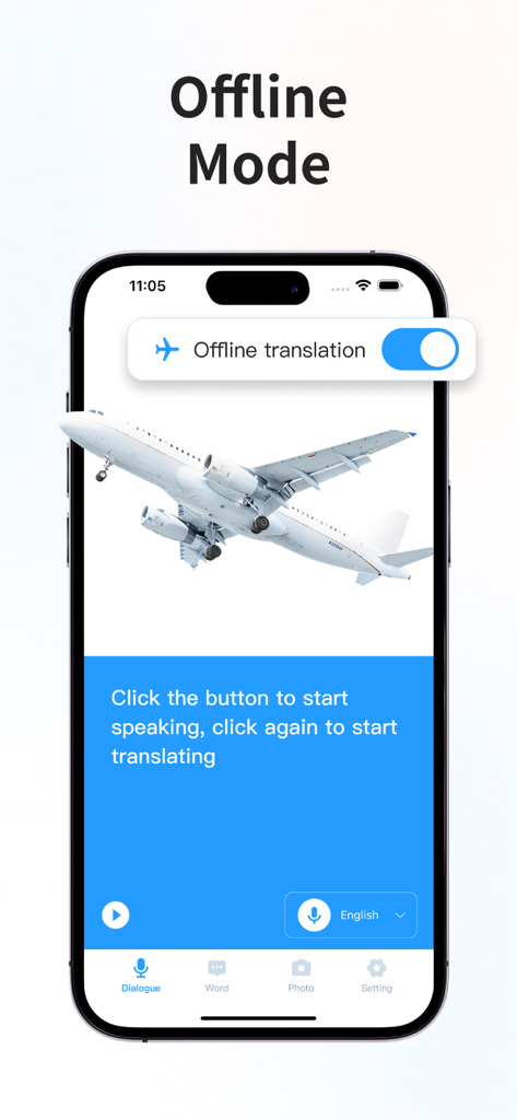 Translator : Dialogue & Text - iPhone che visualizza la modalità di traduzione offline dell'app Traduttore con una grafica di aeroplano