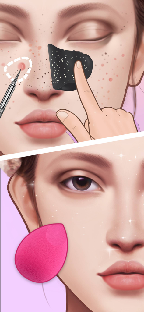 Makeup Salon - DIY Makeup game - Tratamento digital de skincare para acne seguido por aplicação suave de maquiagem usando um beauty blender rosa