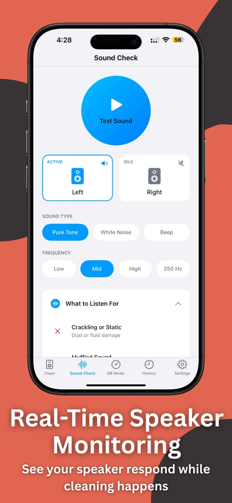 Speaker Cleaner ‒ Clear Wave - Captura de pantalla del iPhone de la pantalla de Verificación de Sonido de la aplicación Limpiador de Altavoces, mostrando los controles de prueba del altavoz y el monitoreo en tiempo real