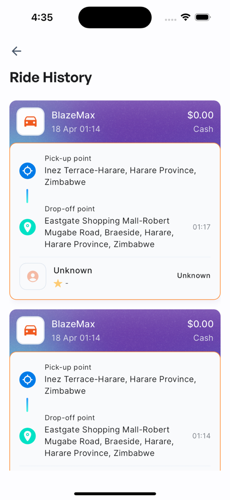 Tap and GO app ride history screen showing past trip details and locations