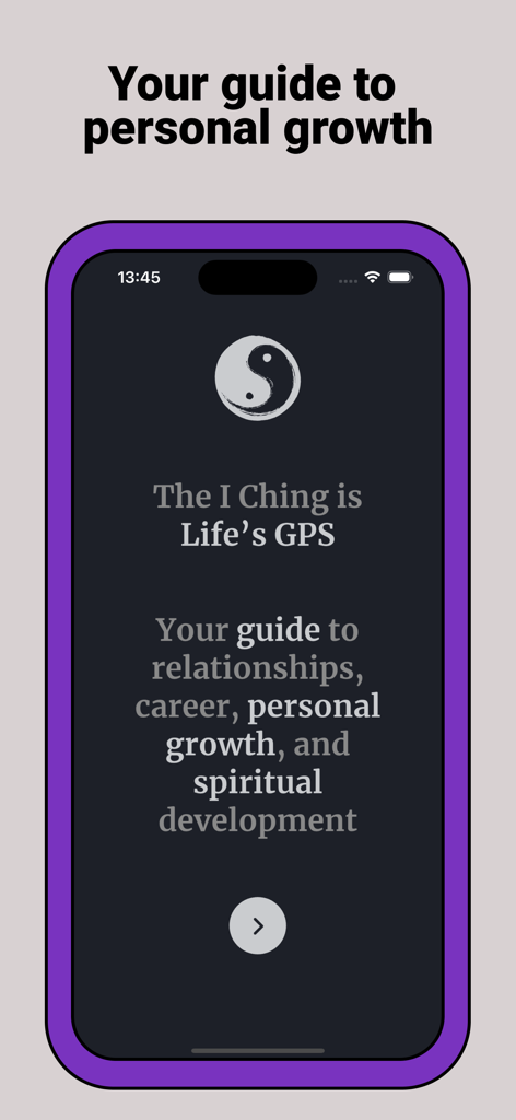 I Ching - Interfaz de la aplicación I Ching con el símbolo Yin Yang y texto sobre crecimiento personal y desarrollo espiritual