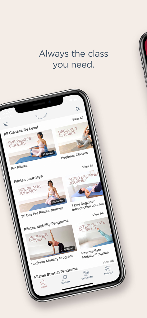 Flow with Mira Pilates - Smartphone screen showing the Flow with Mira Pilates app interface with various workout categories and programs