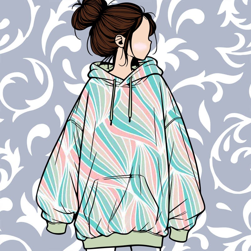 realistic girl with a oversized sweatshirt on and a bun