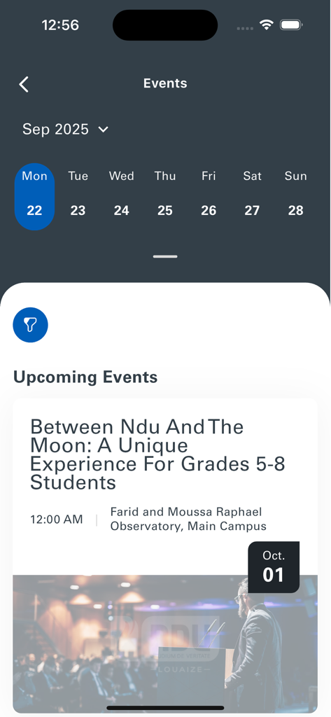 NDU - Events screen of the NDU mobile app displaying a monthly calendar and a list of upcoming campus events and activities.